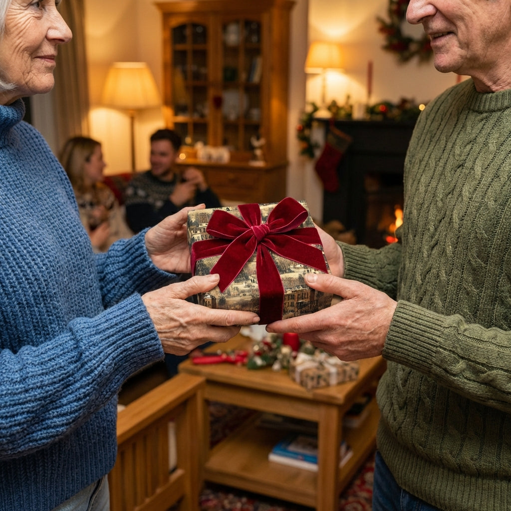 Elegant Christmas gift exchange with building print wrapping paper and a velvet ribbon.