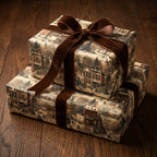 Elegant Christmas gift wrap with vintage winter village scene and brown velvet ribbon.