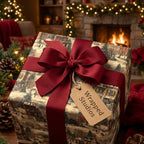 Elegant Christmas gift wrap with a classic winter village design and rich red ribbon.