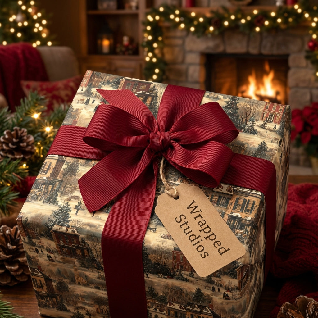 Elegant Christmas gift wrap with a classic winter village design and rich red ribbon.