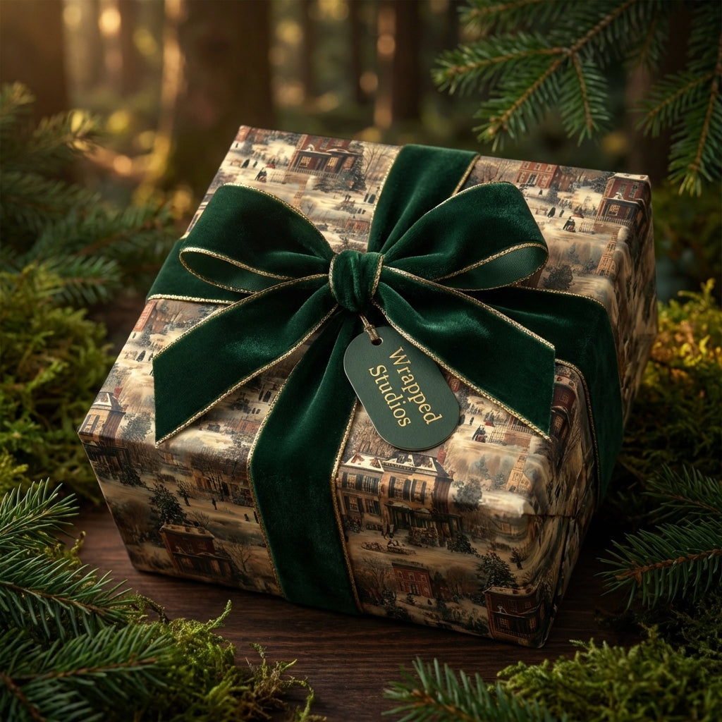 Elegant Christmas gift wrap with vintage village design, a green velvet ribbon, and pine needle accents.