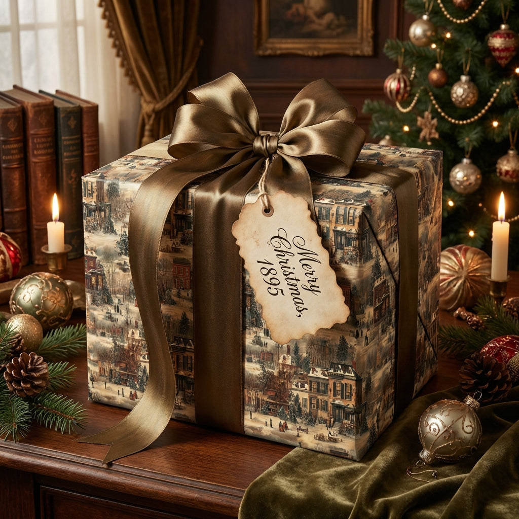 Vintage Christmas gift wrap featuring a winter village scene, tied with a bronze satin ribbon and tag.