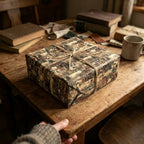 Rustic gift wrap: Square present wrapped in vintage village scene paper with twine bow on weathered wood table.
