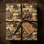 Rustic Christmas gift wrapped in vintage village scene wrapping paper, tied with twine and black velvet ribbon.