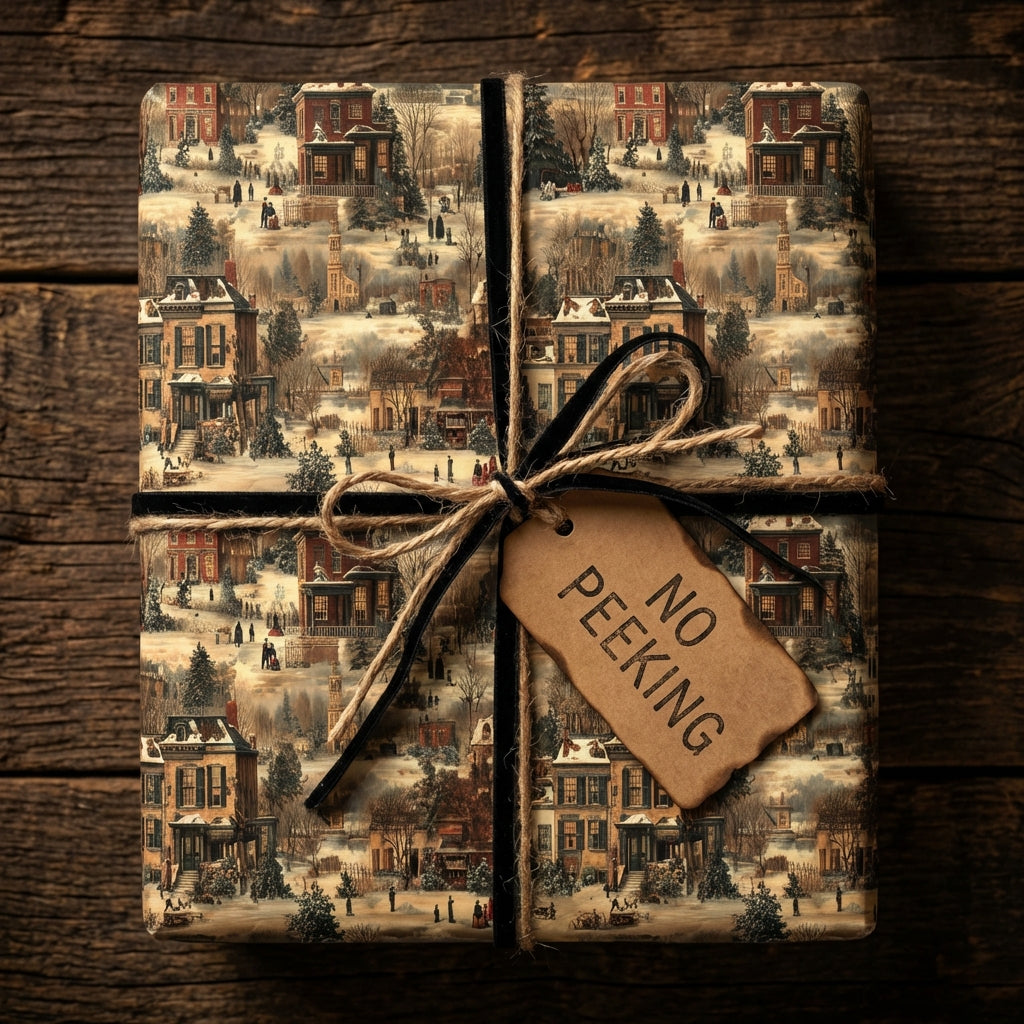 Rustic Christmas gift wrapped in vintage village scene wrapping paper, tied with twine and black velvet ribbon.