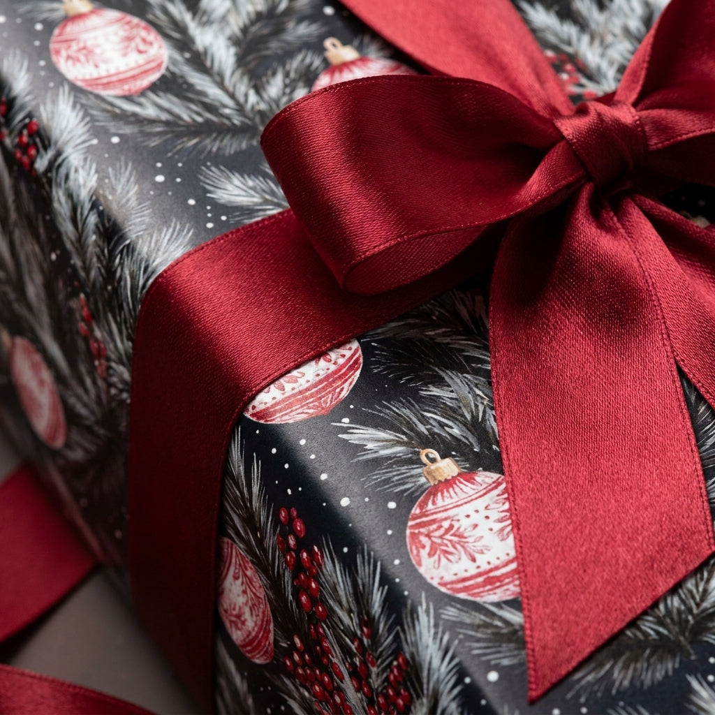 Luxury dark Christmas wrapping paper with red ornament print and a satin bow by Wrapped Studios.