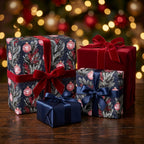 Luxury Christmas wrapping paper with navy pine patterns and red velvet ribbons by Wrapped Studios.