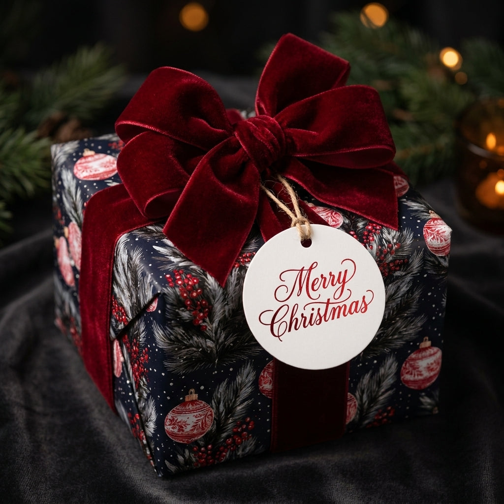 Luxury Christmas gift wrap with pine pattern, red velvet bow, and holiday tag by Wrapped Studios.