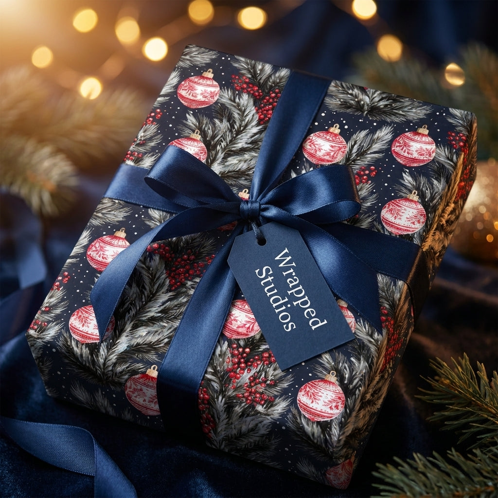 Luxury Christmas wrapping paper by Wrapped Studios featuring red ornaments on navy blue with a satin bow.