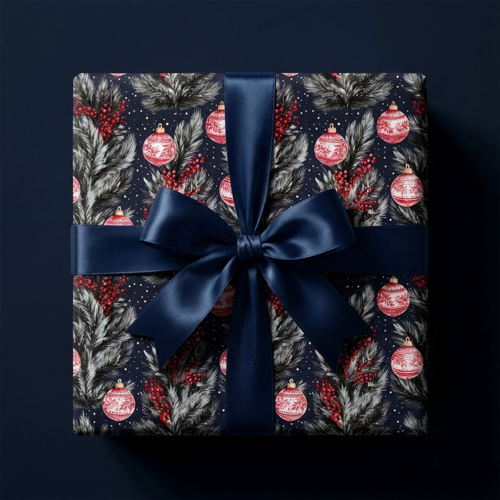 Luxury navy blue Christmas wrapping paper with red ornaments and a satin bow, by Wrapped Studios.
