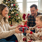 Navy Christmas wrapping paper with red ribbon on a holiday gift held by a family, by Wrapped Studios.