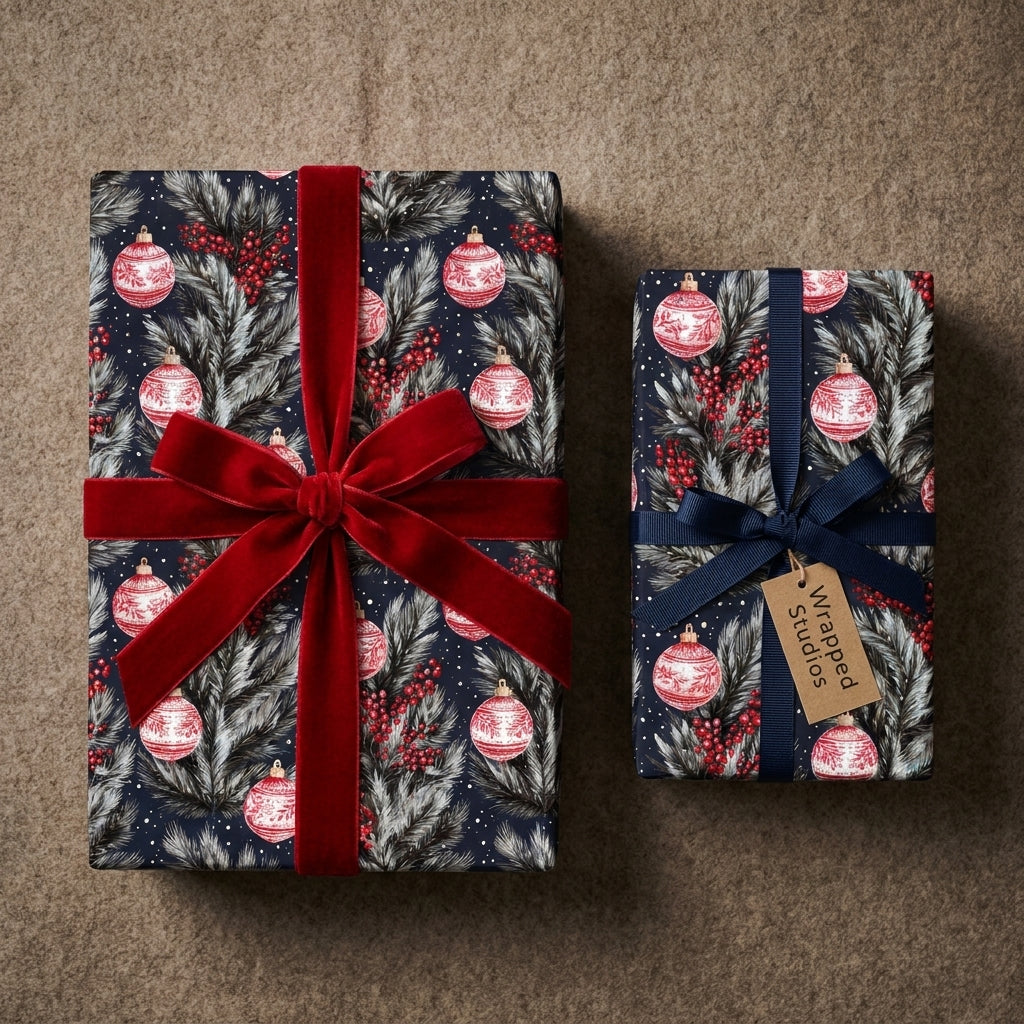 Luxury Christmas wrapping paper with red ornament print and velvet bow by Wrapped Studios.