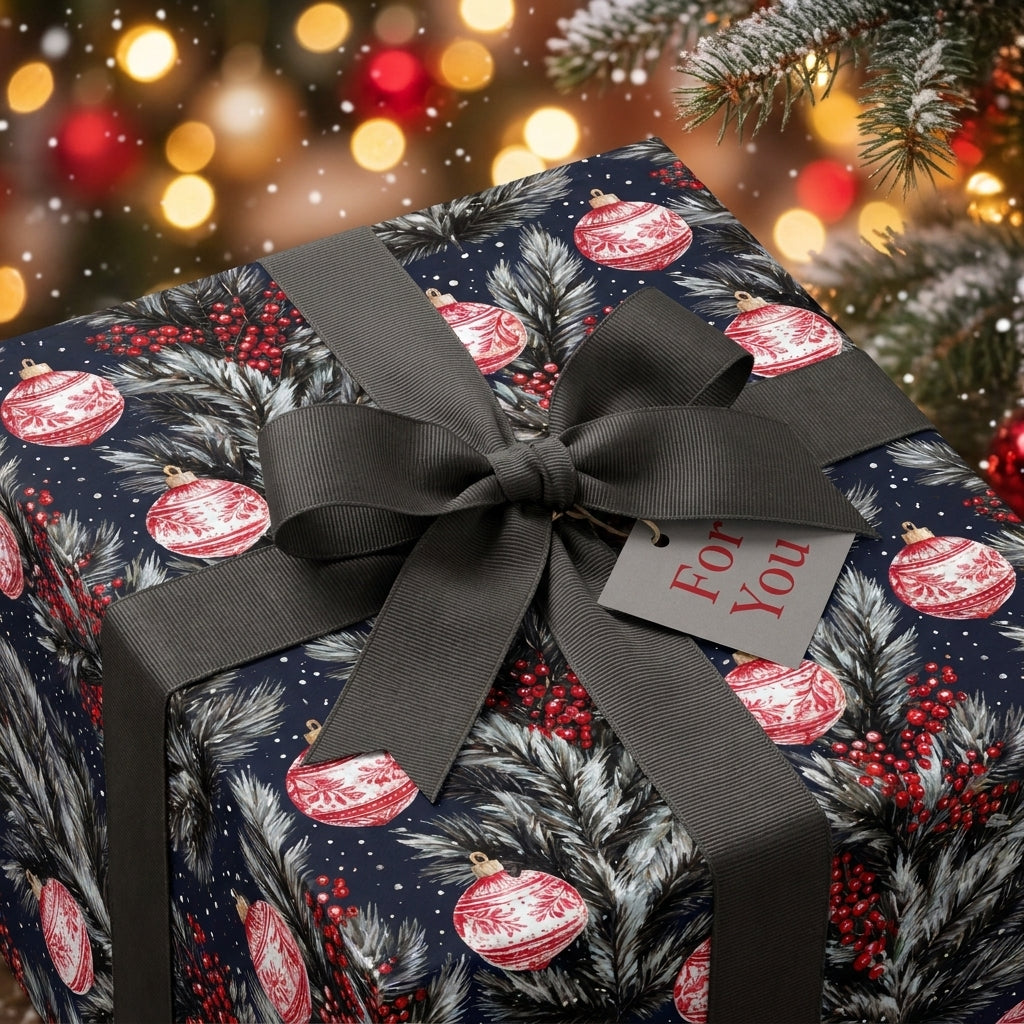 Luxury navy Christmas wrapping paper with red ornaments and a grey bow by Wrapped Studios.