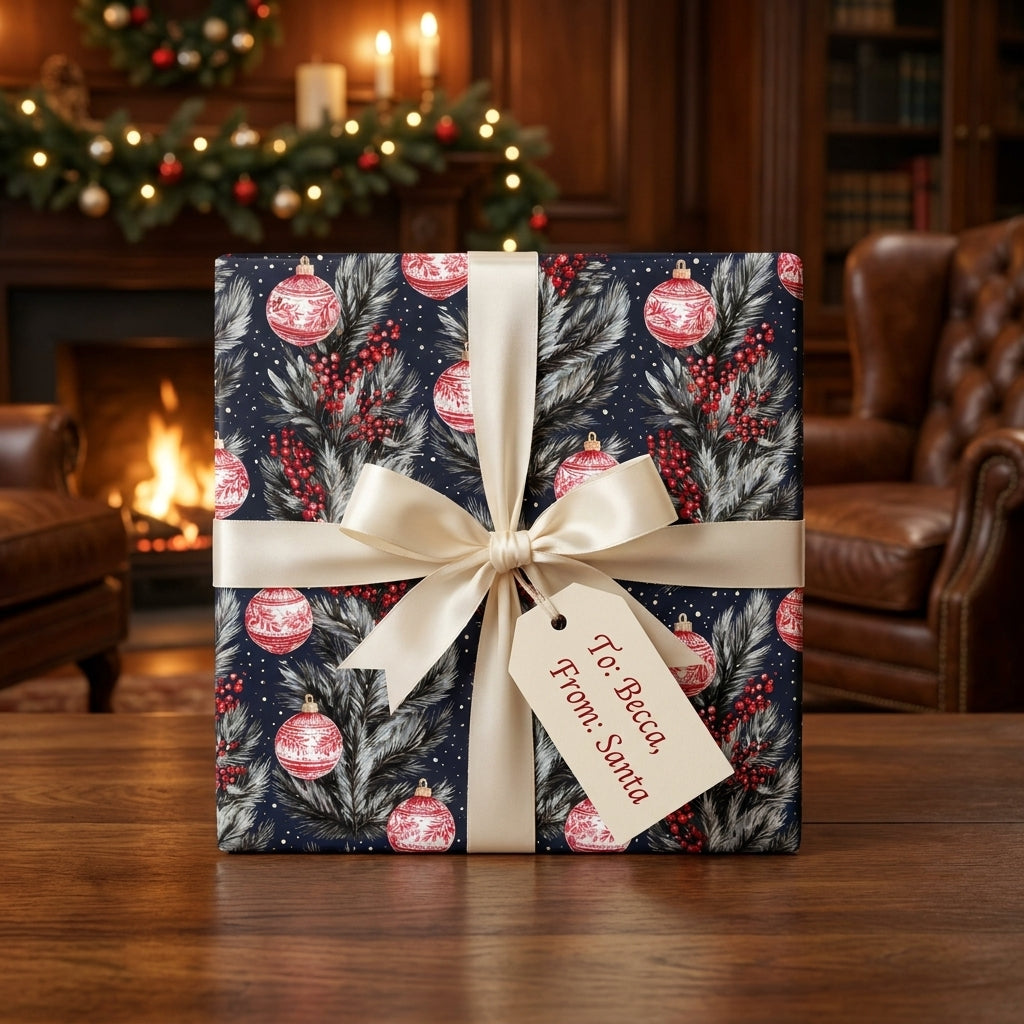 Luxury Christmas wrapping paper with navy pine and ornament design, cream ribbon, by Wrapped Studios.