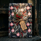 Vintage Christmas wrapping paper with red ornament and pine pattern by Wrapped Studios.