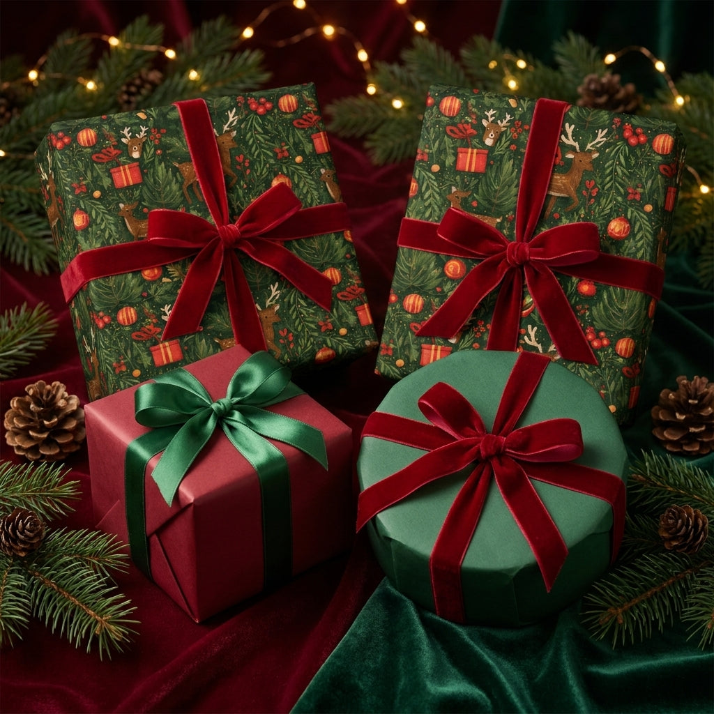 Luxury Christmas wrapping paper with deer patterns and velvet ribbon bows on gifts by Wrapped Studios.
