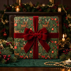 Luxury vintage reindeer Christmas gift wrap with a red velvet bow by Wrapped Studios.