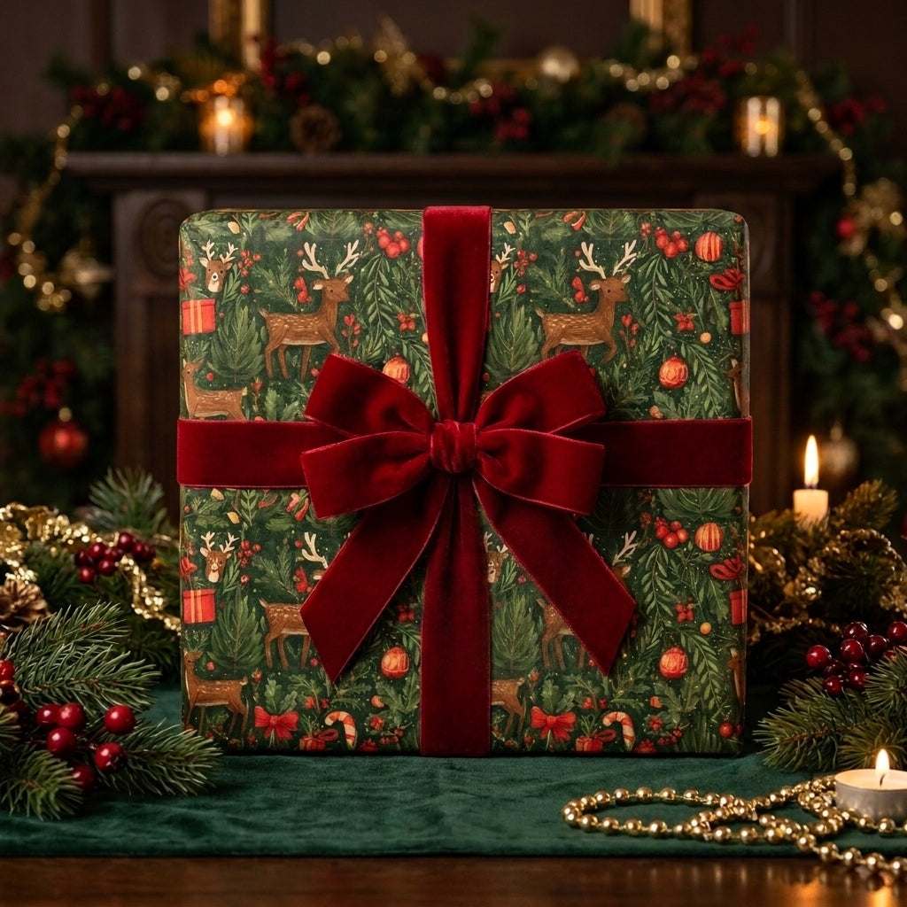 Luxury vintage reindeer Christmas gift wrap with a red velvet bow by Wrapped Studios.