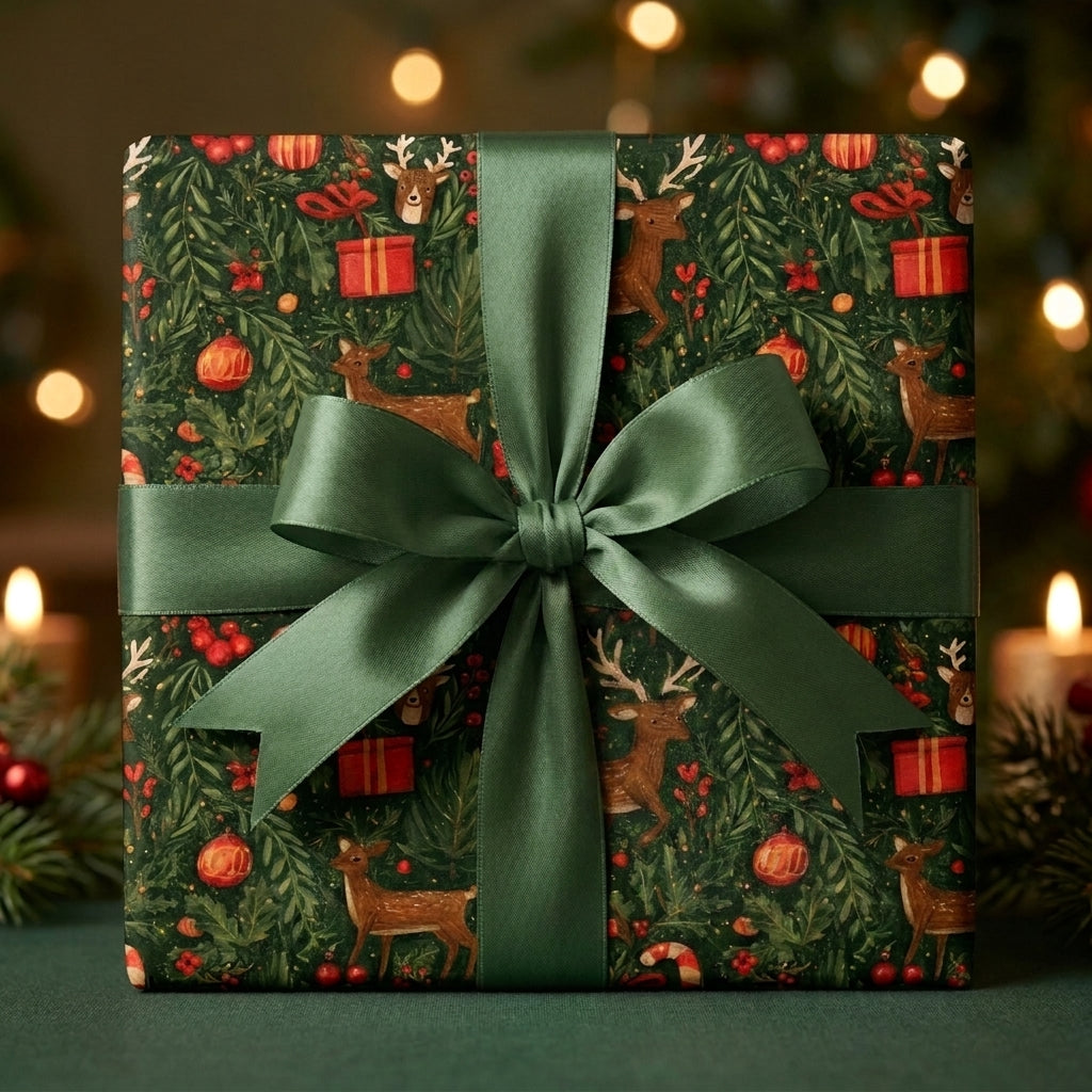 Deer Christmas wrapping paper with green satin bow on a luxury holiday gift box by Wrapped Studios.