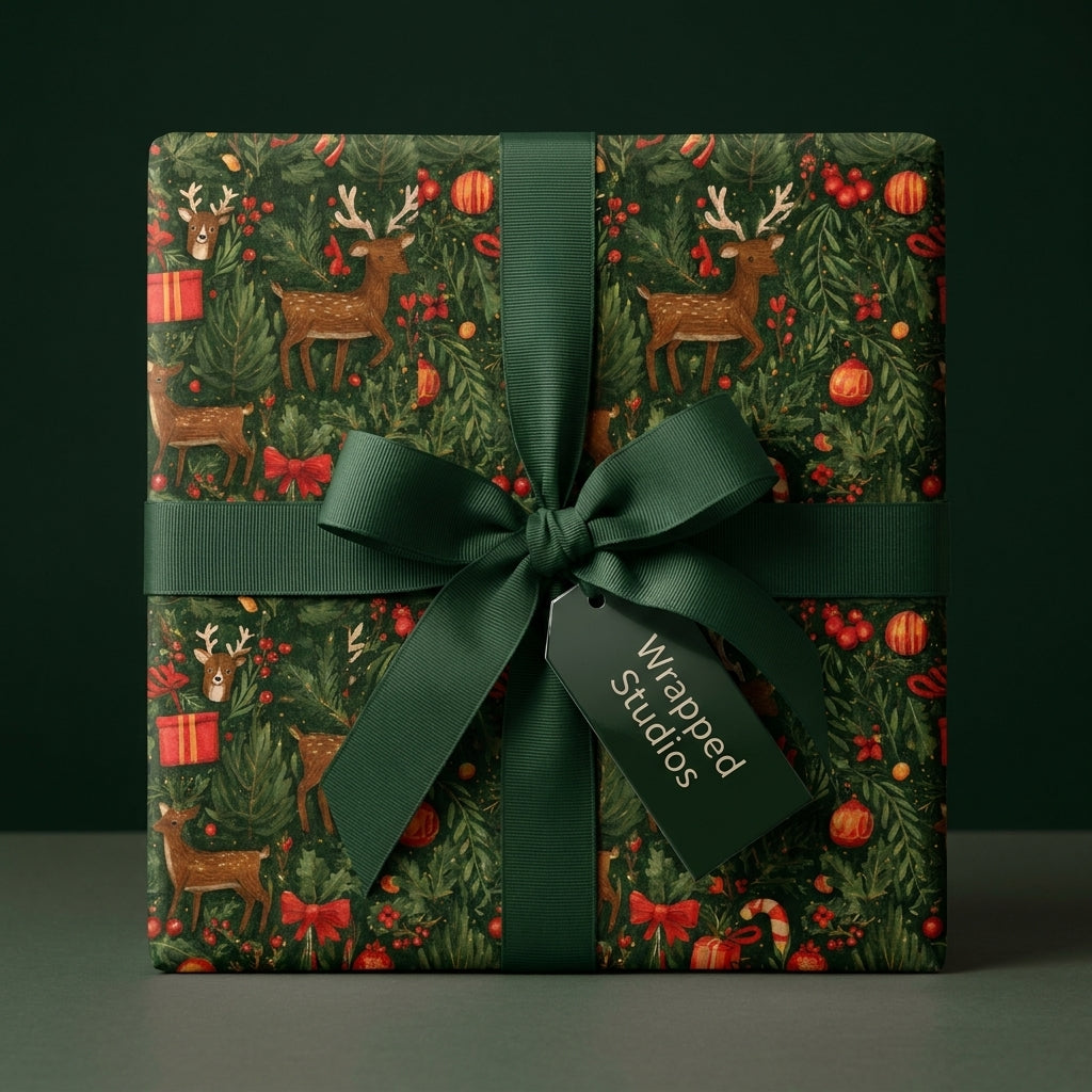 Luxury forest green Christmas wrapping paper with vintage deer pattern and ribbon, by Wrapped Studios.