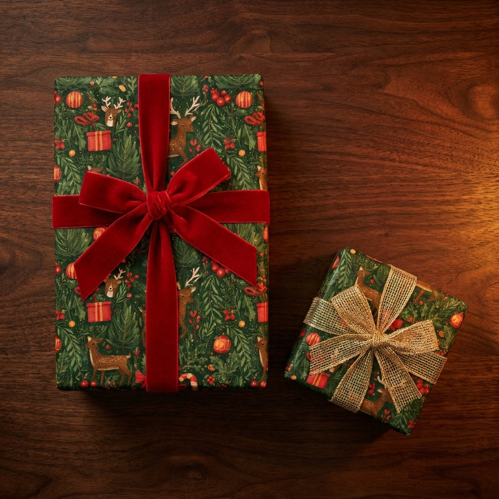 Luxury woodland deer Christmas wrapping paper with red velvet and gold bows by Wrapped Studios.