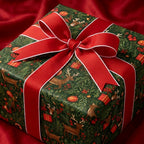 Vintage deer Christmas wrapping paper with a red bow on a holiday gift box by Wrapped Studios.