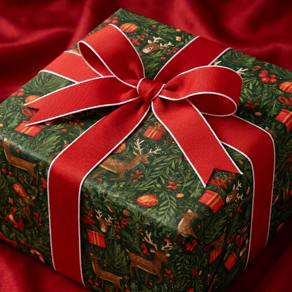Vintage deer Christmas wrapping paper with a red bow on a holiday gift box by Wrapped Studios.
