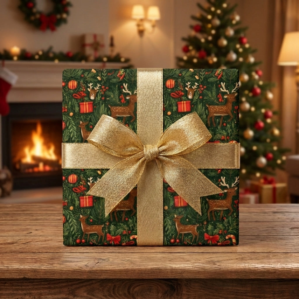 Luxury green reindeer Christmas wrapping paper with a gold bow by Wrapped Studios.
