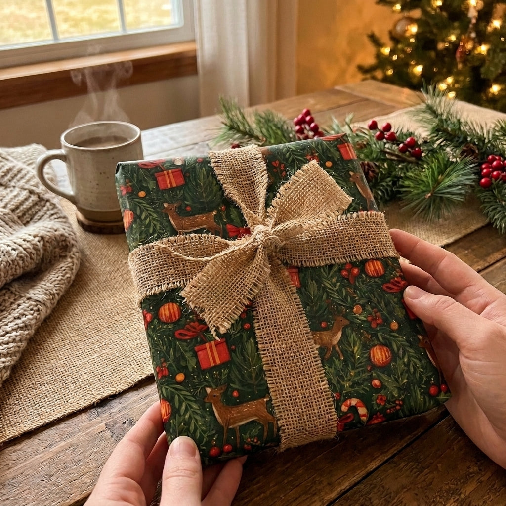 Hands holding a gift in rustic woodland Christmas wrapping paper with a burlap bow by Wrapped Studios.