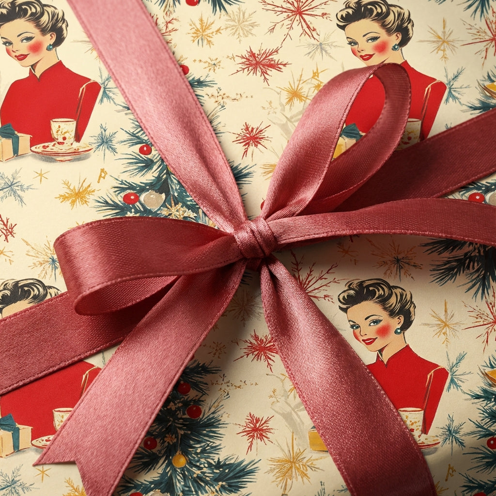 Vintage Christmas wrapping paper with retro lady pattern and a mauve satin ribbon bow.