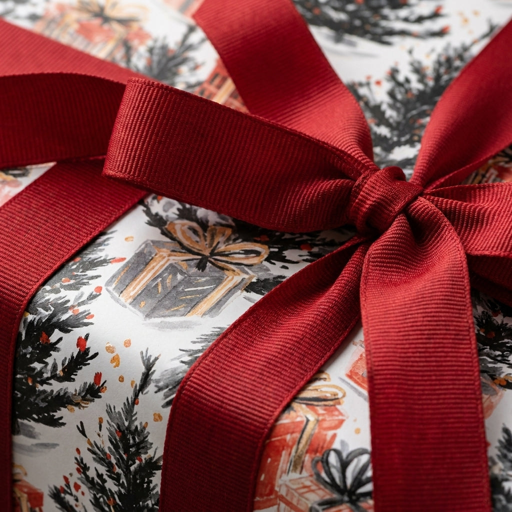 Festive Christmas gift wrap with pine trees and a red ribbon bow by Wrapped Studios.