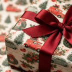 Vintage red truck Christmas wrapping paper tied with a red satin bow. Holiday gift wrap by Wrapped Studios.