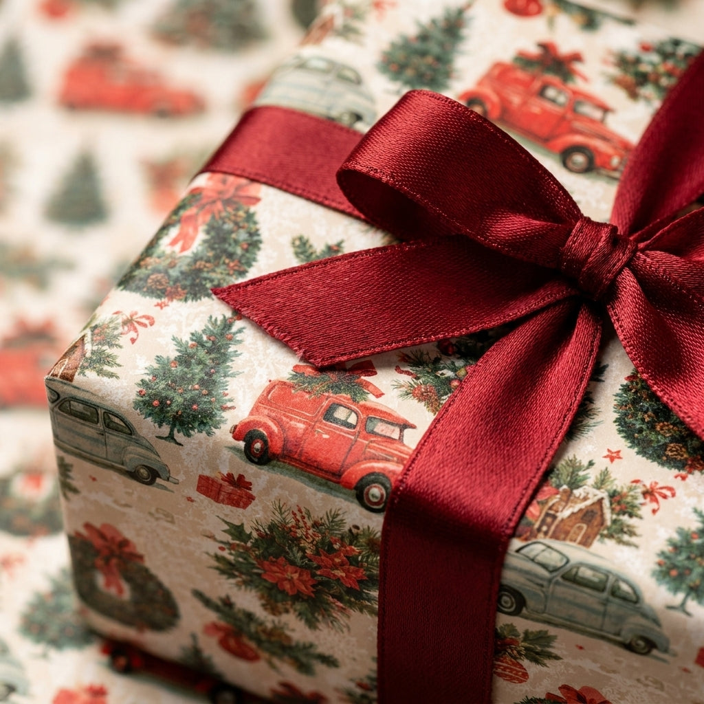 Vintage red truck Christmas wrapping paper tied with a red satin bow. Holiday gift wrap by Wrapped Studios.