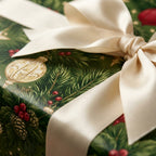 Luxury Christmas wrapping paper with pine branches, red berries, and a cream satin bow by Wrapped Studios.
