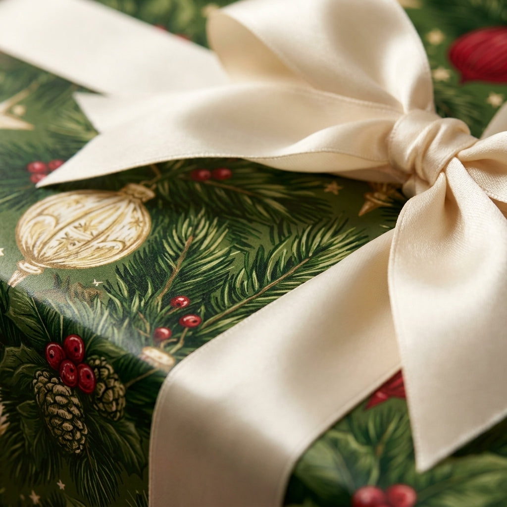 Luxury Christmas wrapping paper with pine branches, red berries, and a cream satin bow by Wrapped Studios.