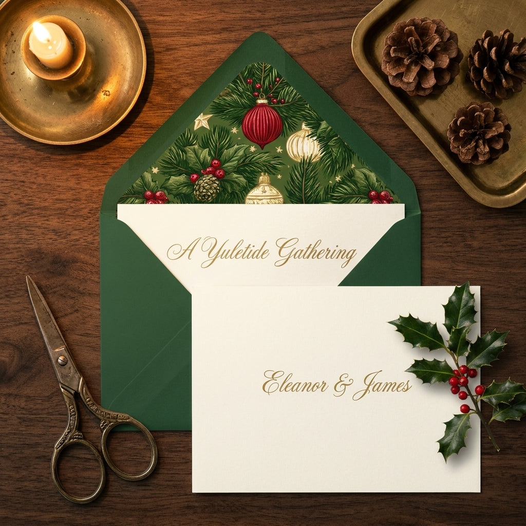 Elegant Christmas invitation with custom green botanical envelope liner by Wrapped Studios.