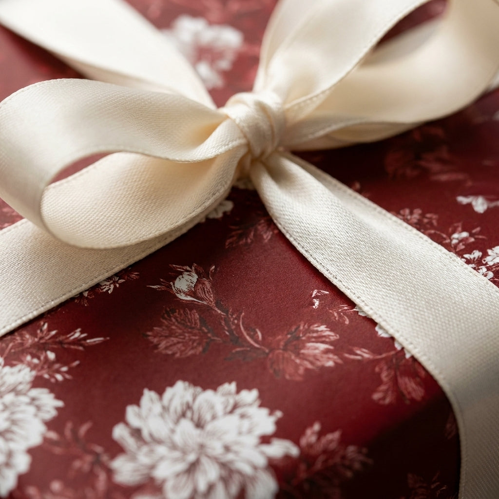Vintage burgundy floral Christmas wrapping paper with a cream satin bow by Wrapped Studios.