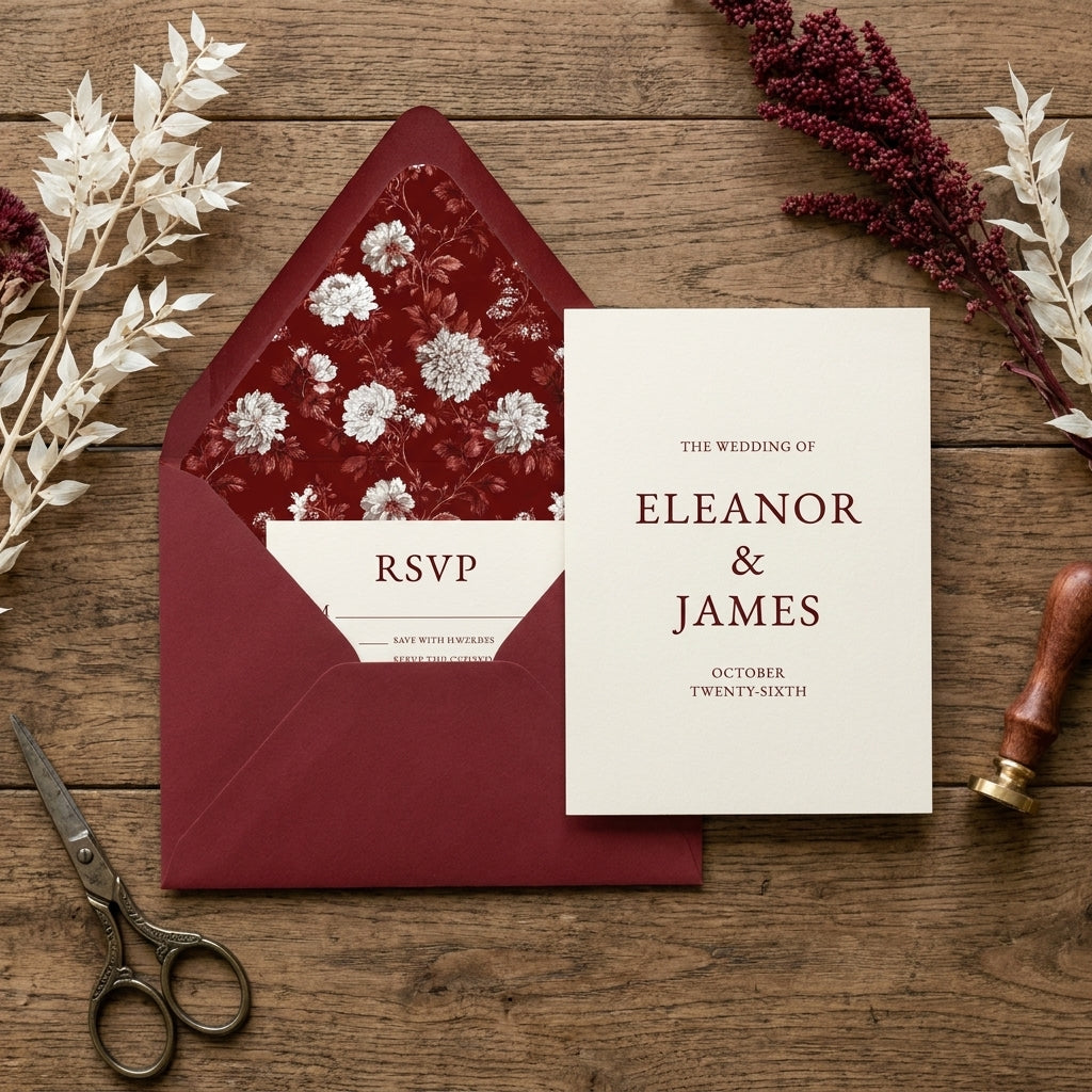 Elegant burgundy floral envelope liner and wedding invitation mockup on rustic wood by Wrapped Studios.