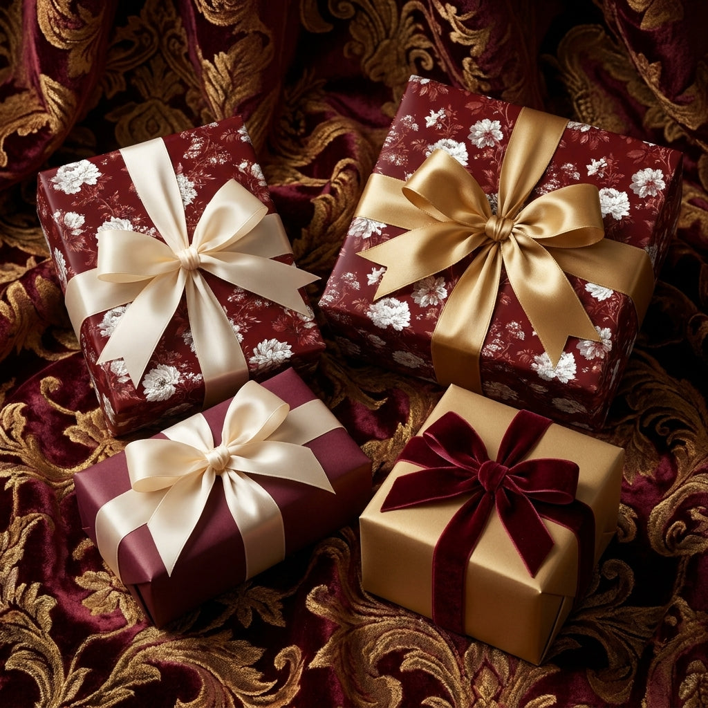 Luxury burgundy floral wrapping paper and gold Christmas gift wrap with bows by Wrapped Studios.