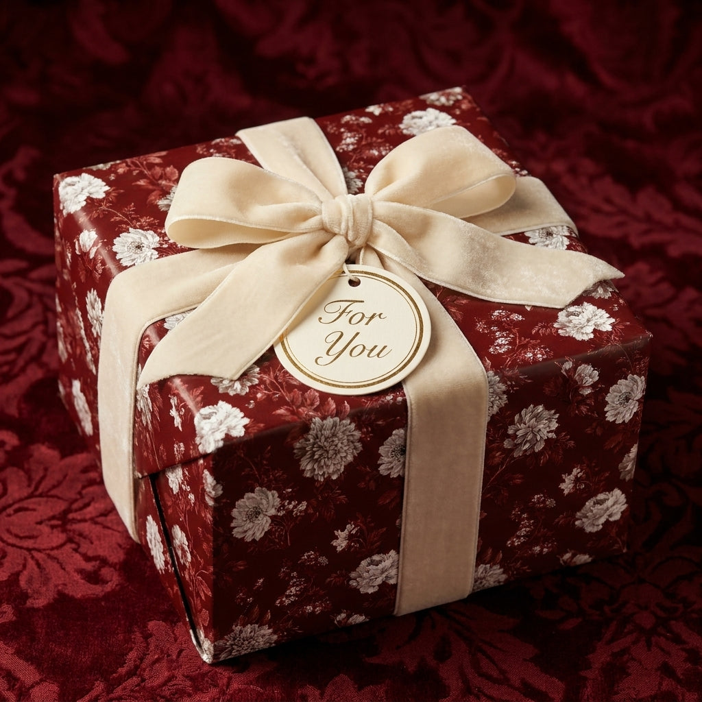 Luxury burgundy floral wrapping paper with cream velvet bow on a holiday gift box by Wrapped Studios.