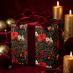 Luxury Christmas wrapping paper with red poinsettias and velvet bow by Wrapped Studios.