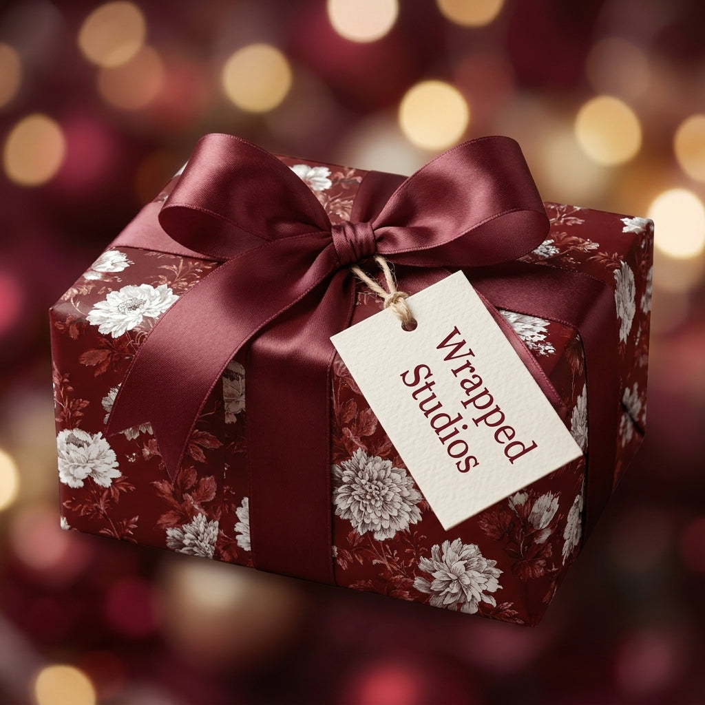 Elegant burgundy floral Christmas wrapping paper with satin bow by Wrapped Studios.