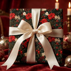 Vintage poinsettia Christmas wrapping paper with a luxury cream satin bow by Wrapped Studios.