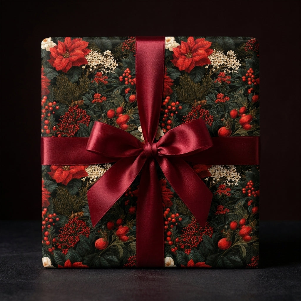 Luxury floral Christmas wrapping paper with red poinsettias and a burgundy satin bow by Wrapped Studios.