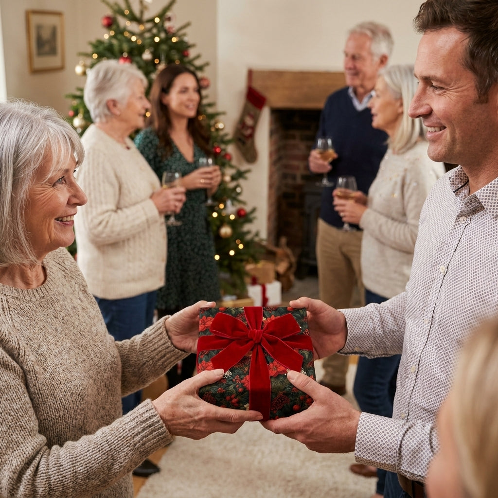 Man hands woman a gift in floral Christmas wrapping paper with a red velvet bow. Wrapped Studios.