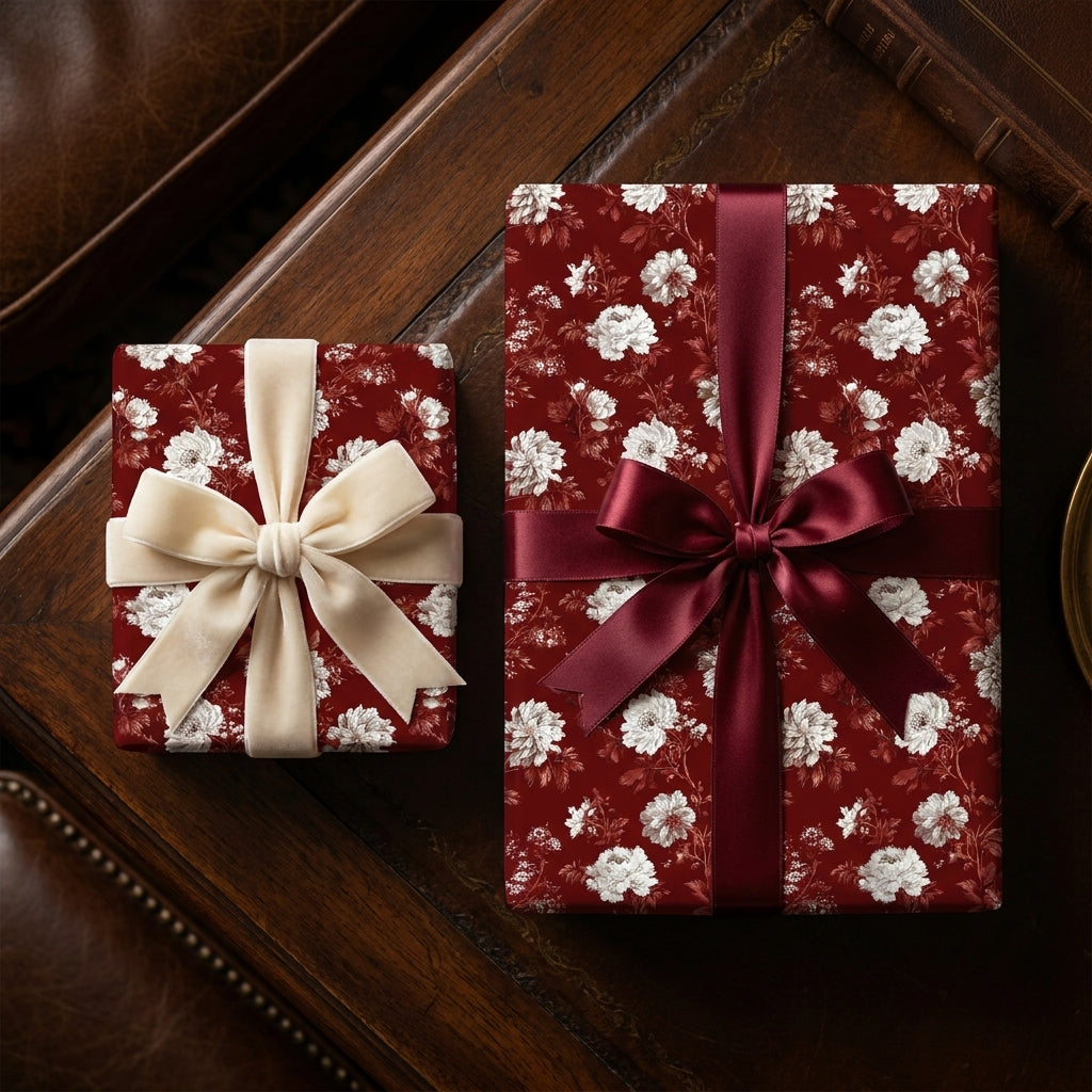 Burgundy floral wrapping paper on luxury holiday gift boxes with velvet and satin bows by Wrapped Studios.