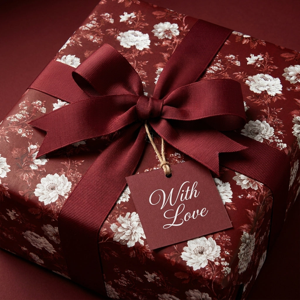 Luxury burgundy floral wrapping paper with a matching ribbon and 'With Love' tag by Wrapped Studios.