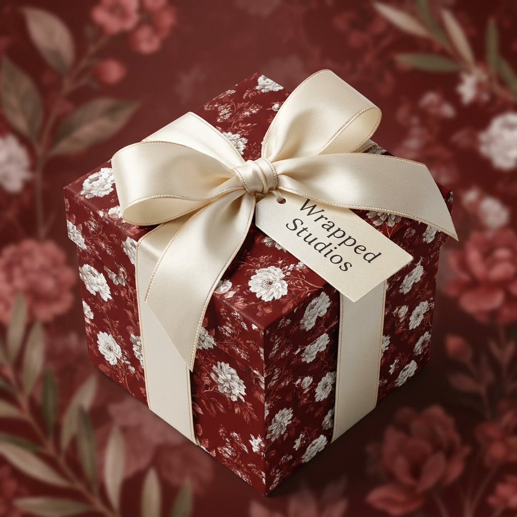 Luxury burgundy vintage floral wrapping paper on a gift box with a cream satin bow by Wrapped Studios.