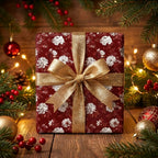 Elegant red floral Christmas wrapping paper with a glittery gold bow by Wrapped Studios.