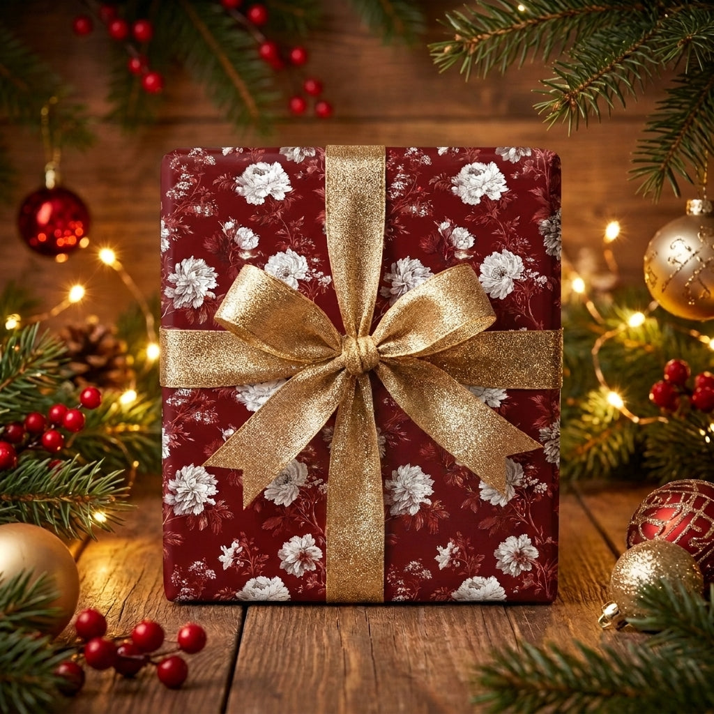 Elegant red floral Christmas wrapping paper with a glittery gold bow by Wrapped Studios.